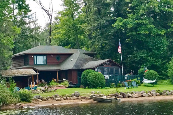 View from Lake Simond, beach, lean-to and fireplace