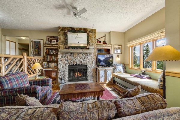 Our very cozy living room area, with a wood fireplace!