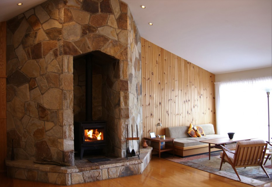 Wood stove with seating area and game table