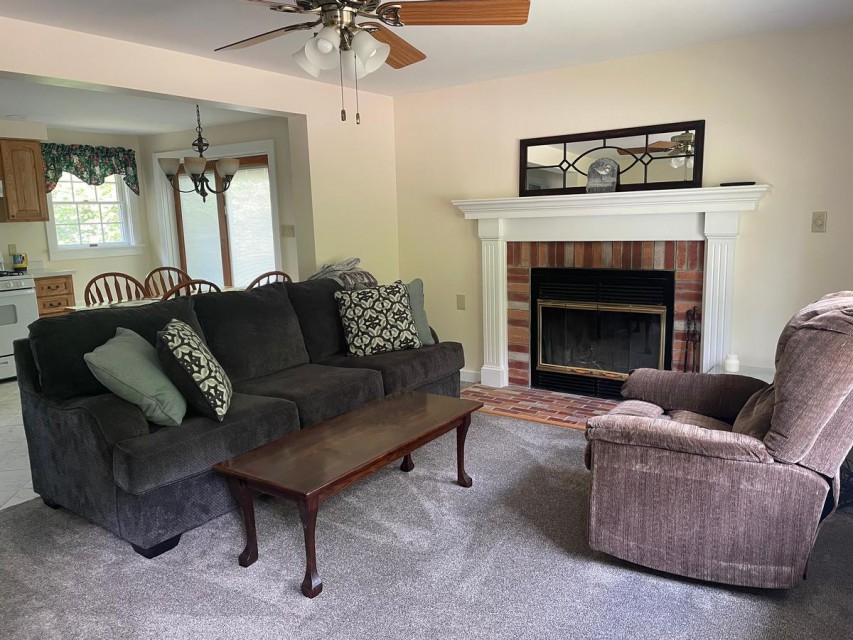 Living room, fireplace, and kitchen