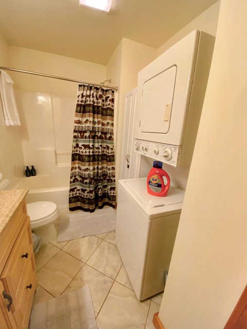 First floor bathroom with dryer and washer machine 