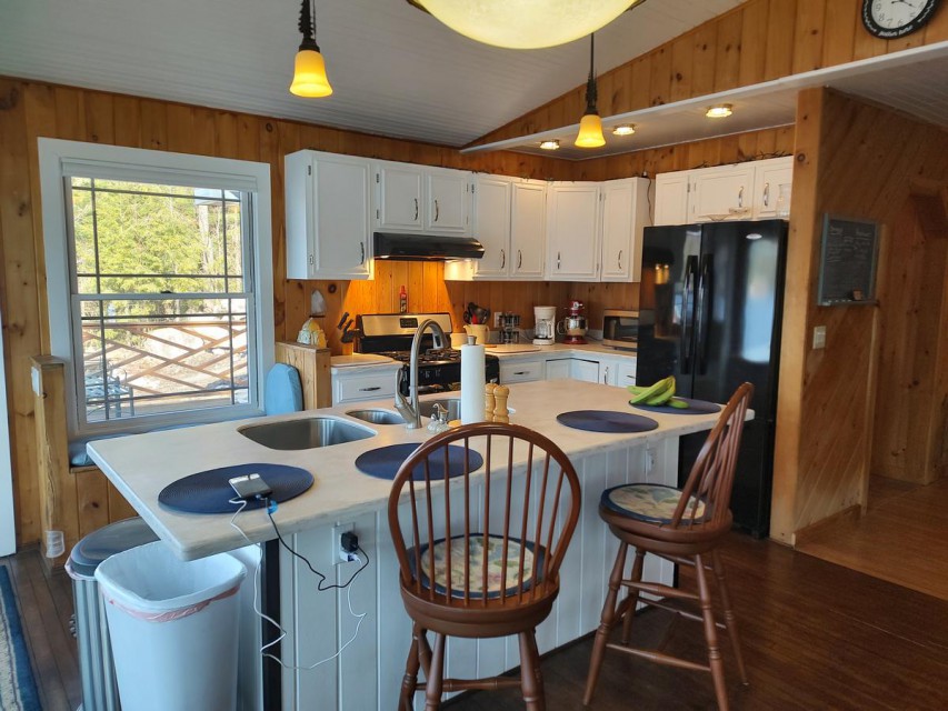 Kitchen Island, Cabinets, Frig and Stove