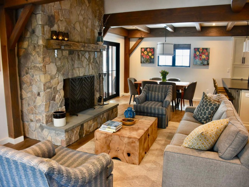 Great room with adjacent dining table & bar seating
