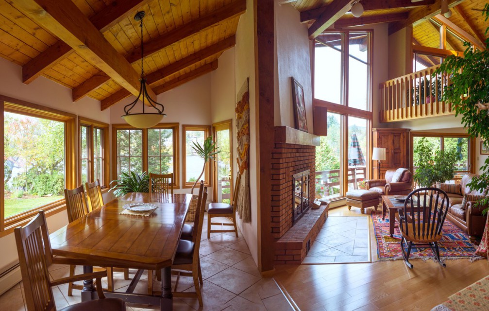 Living/dining room with fireplace -view from kitchen