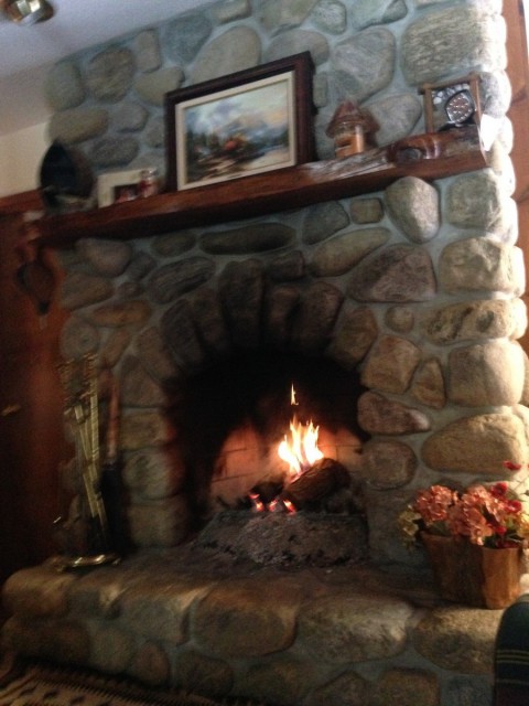 Beautiful stone fireplace for cool nights