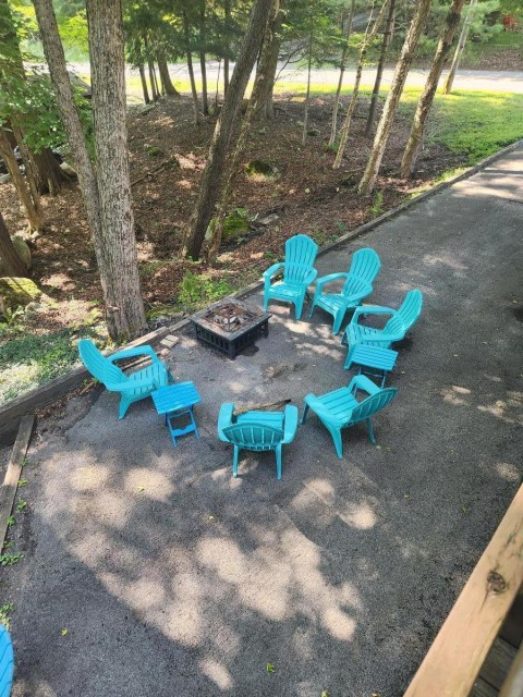 Firepit right outside garage. 