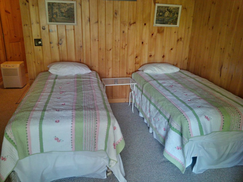 Guest bedroom, 2 full beds, with sliding doors to lake