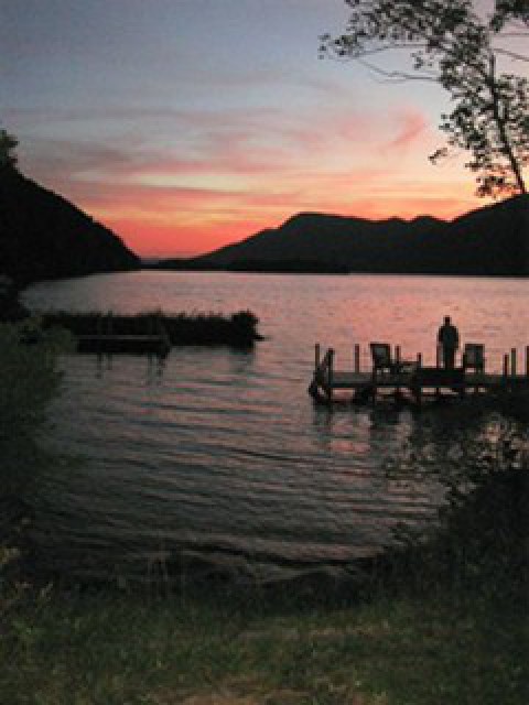 Sunset from bay; dock on right.