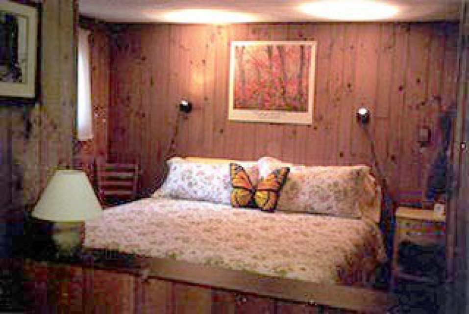 the bedroom with king bed, new linens and mattress