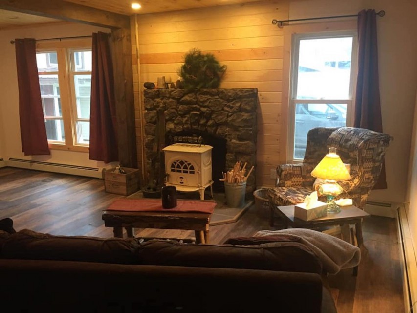 Open Family Room with Wood Stove
