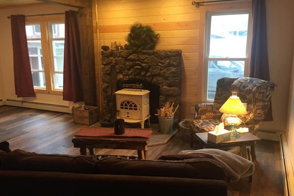 Open Family Room with Wood Stove
