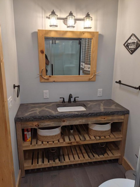 Upstairs bathroom, custom vanity, shower oposite vanity