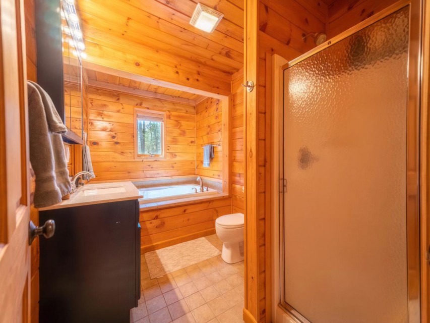 Jetted tub, large shower, spa-like main level bathroom.