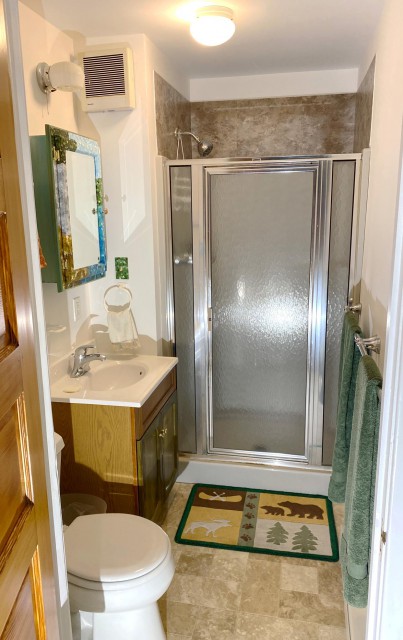Bathroom with handpainted mirrored cabinet