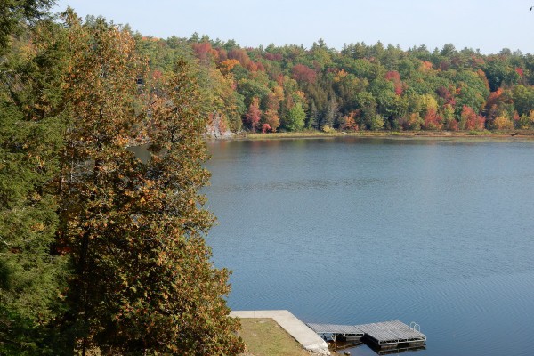 Brilliant fall view of the lake and dock from the deck