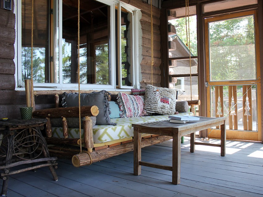 Rustic Hanging Bed on screened porch