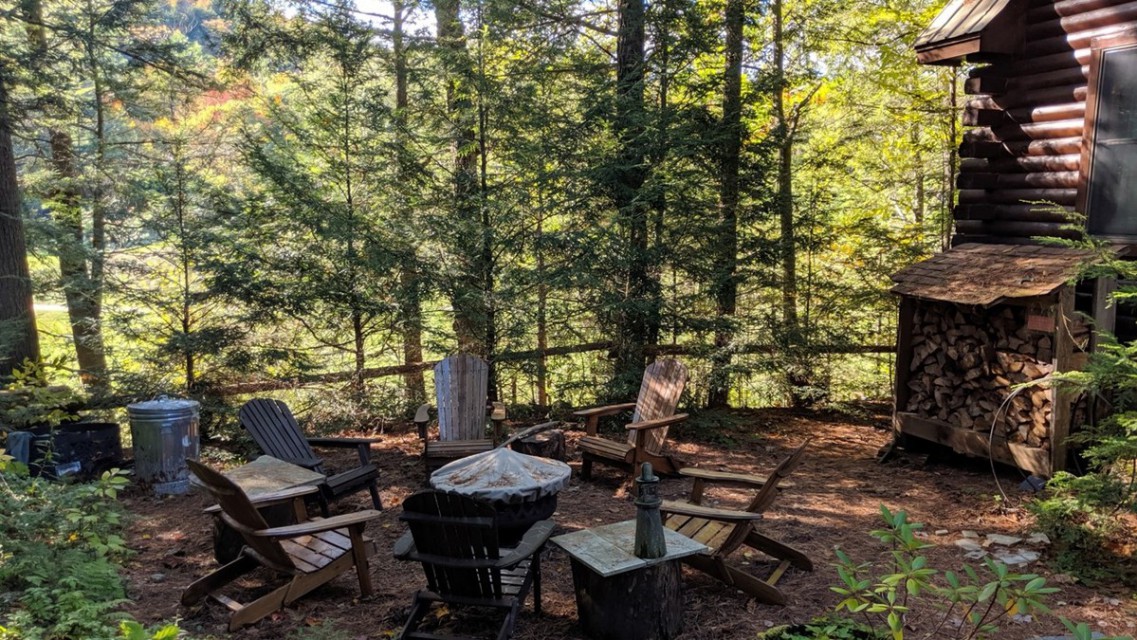 Firepit with Adirondack chairs and firewood rack
