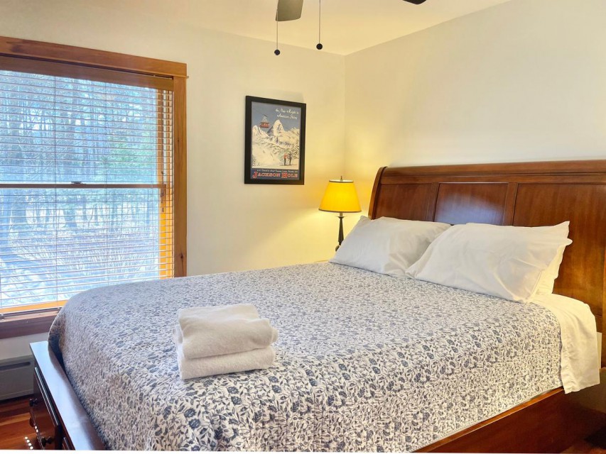Bedroom 4:  smart TV, ceiling fan, closet, & queen bed.