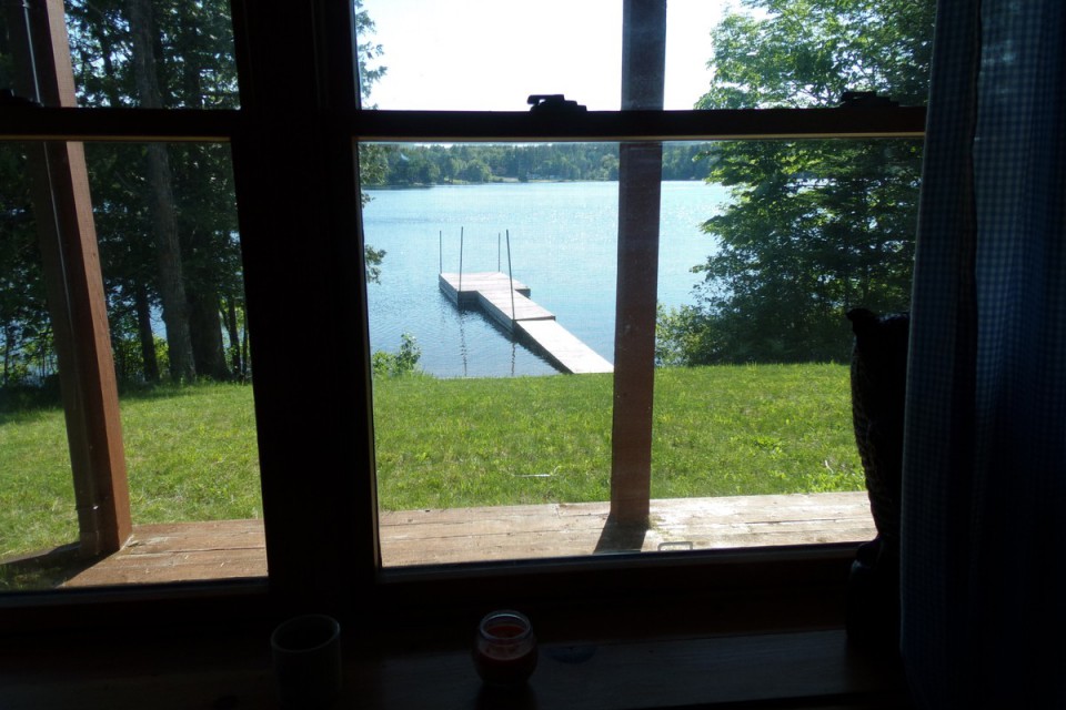 view from front window of lake and dock